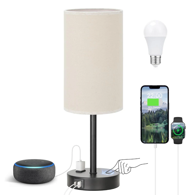 Fenmzee Touch Bedside Lamp with USB-C, USB-A and Outlet