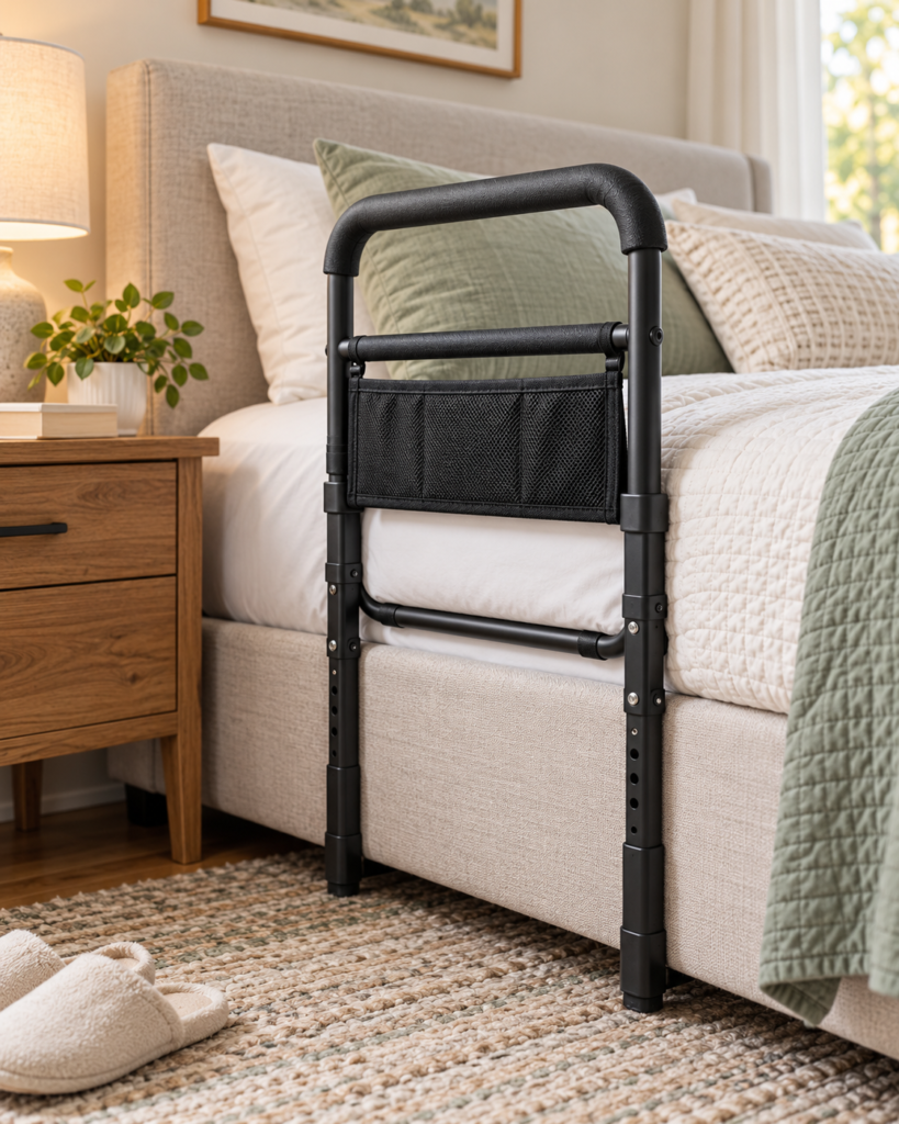 Adjustable Bed Assist Rail with Storage Pocket